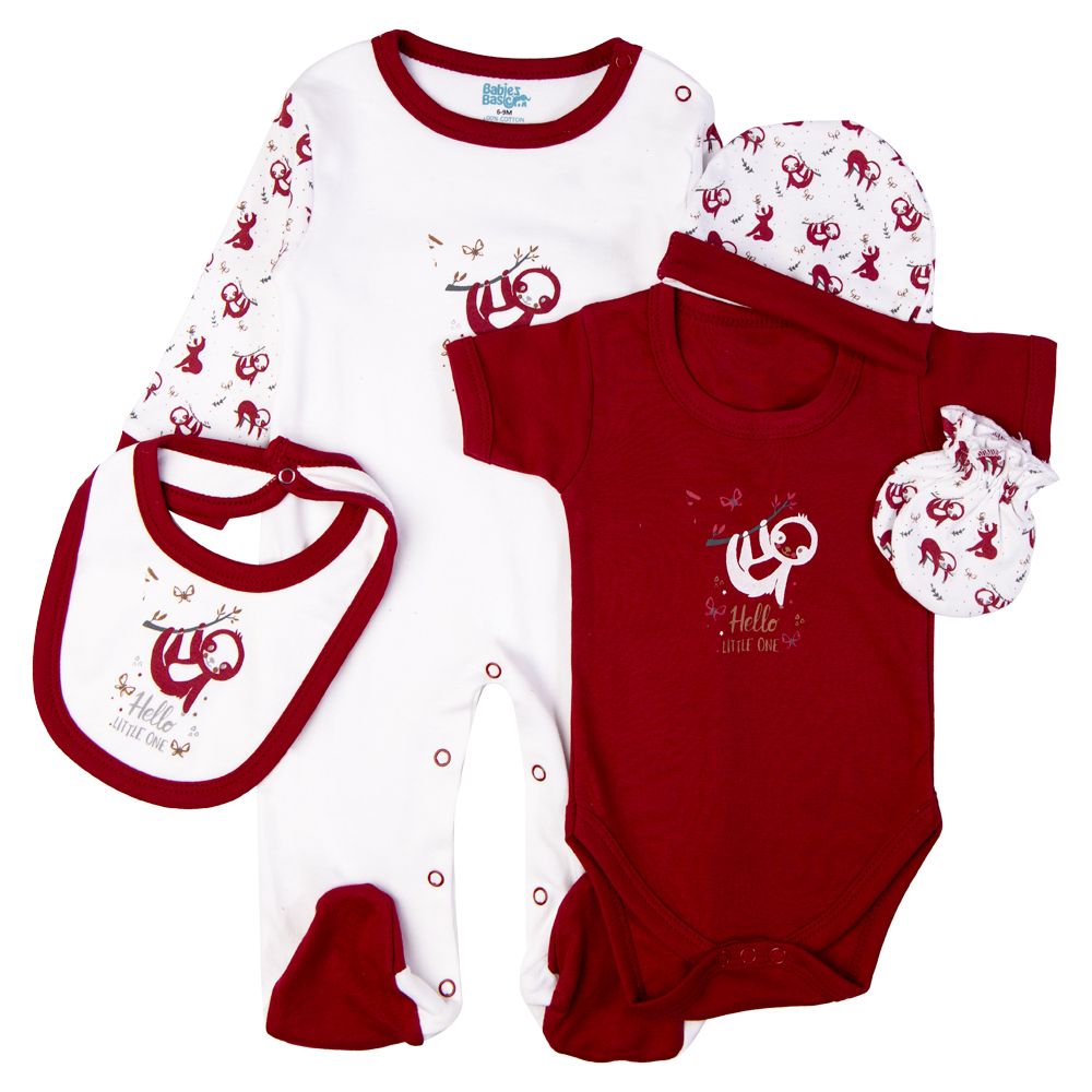 Babies Basic - 5pc Set - Bib, Romper, Mittens, Cap & Sleepsuit - Hello Little One - Maroon