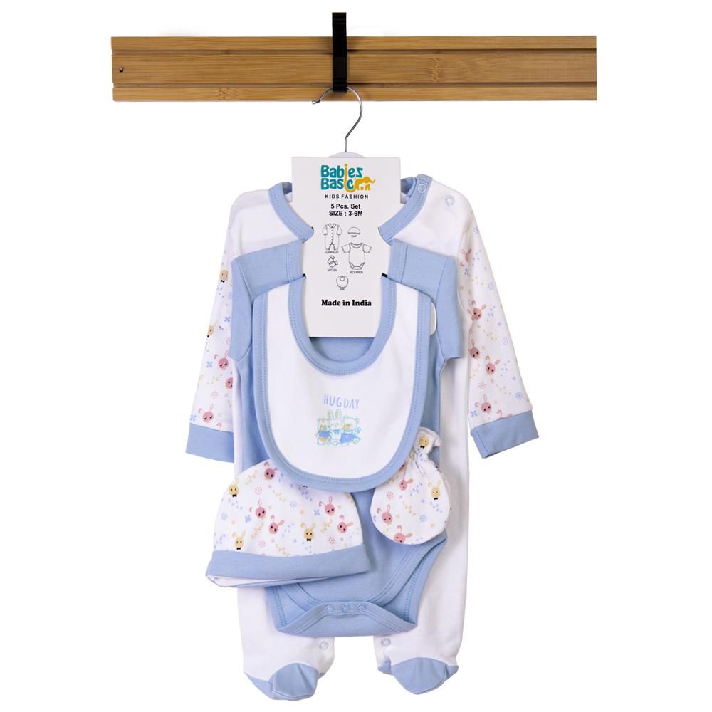 Babies Basic - 5pc Set - Bib, Romper, Mittens, Cap & Jumpsuit - Hug Day - Sky Blue