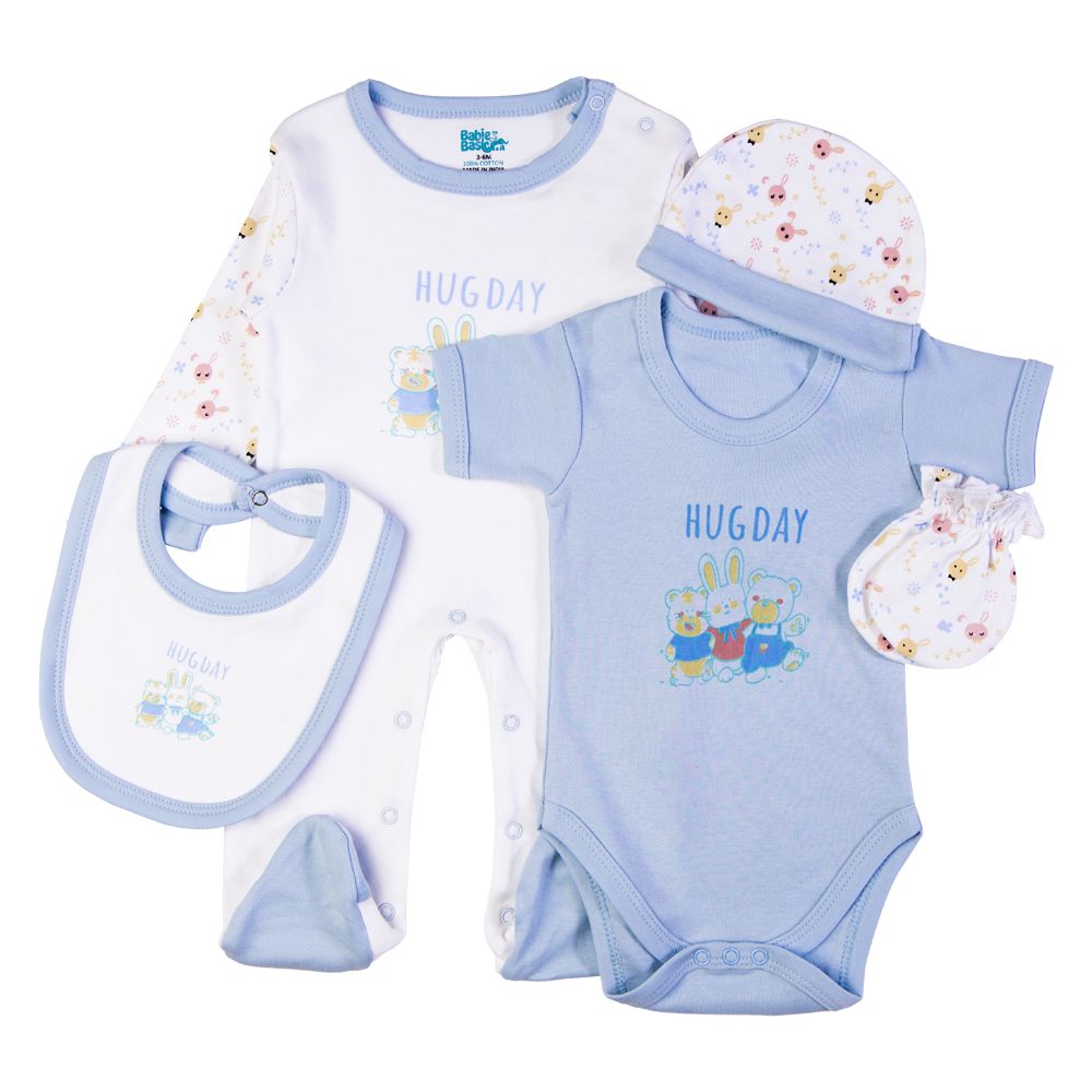 Babies Basic - 5pc Set - Bib, Romper, Mittens, Cap & Jumpsuit - Hug Day - Sky Blue