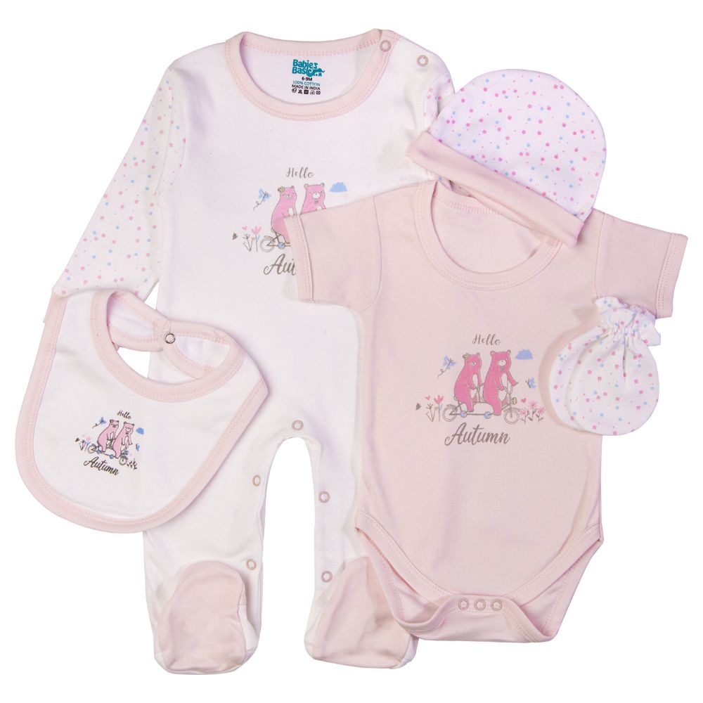 Babies Basic - 5pc Set - Bib, Romper, Mittens, Cap & Jumpsuit - Hello Autumn - Pink