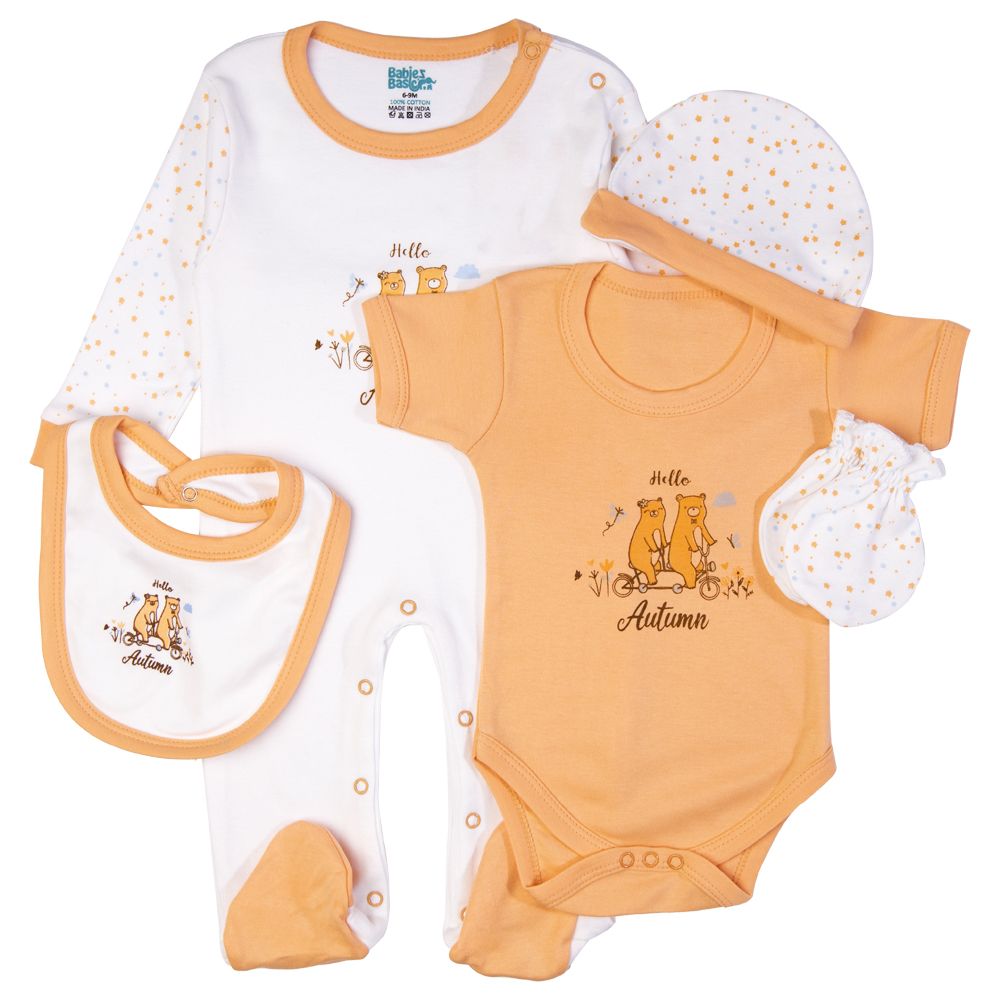 Babies Basic - 5pc Set - Bib, Romper, Mittens, Cap & Jumpsuit - Hello Autumn - Peach