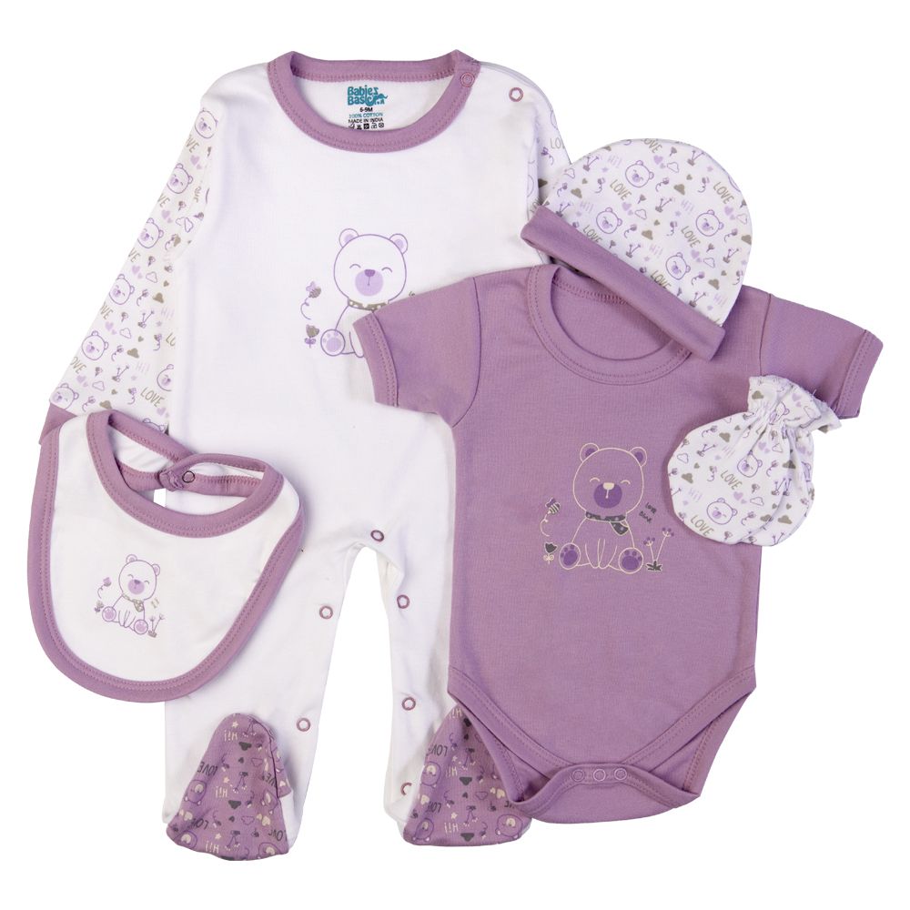 Babies Basic - 5pc Set - Bib, Romper, Mittens, Cap & Jumpsuit - Teddy - Purple