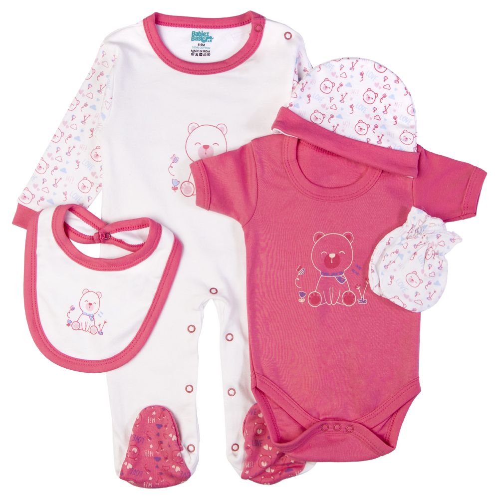 Babies Basic - 5pc Set - Bib, Romper, Mittens, Cap & Jumpsuit - Teddy - Rani Red