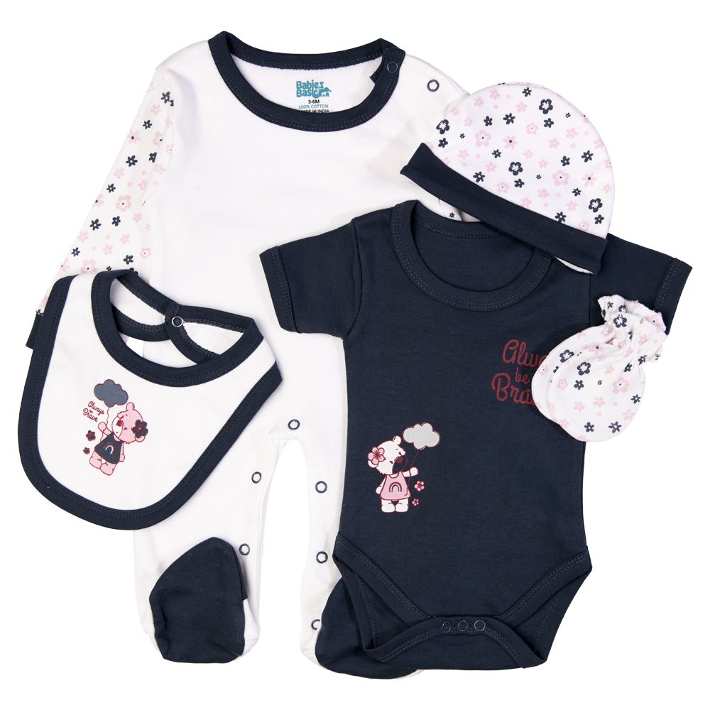 Babies Basic - 5pc Set - Bib, Romper, Mittens, Cap & Jumpsuit - Always Be Brave - Navy Blue