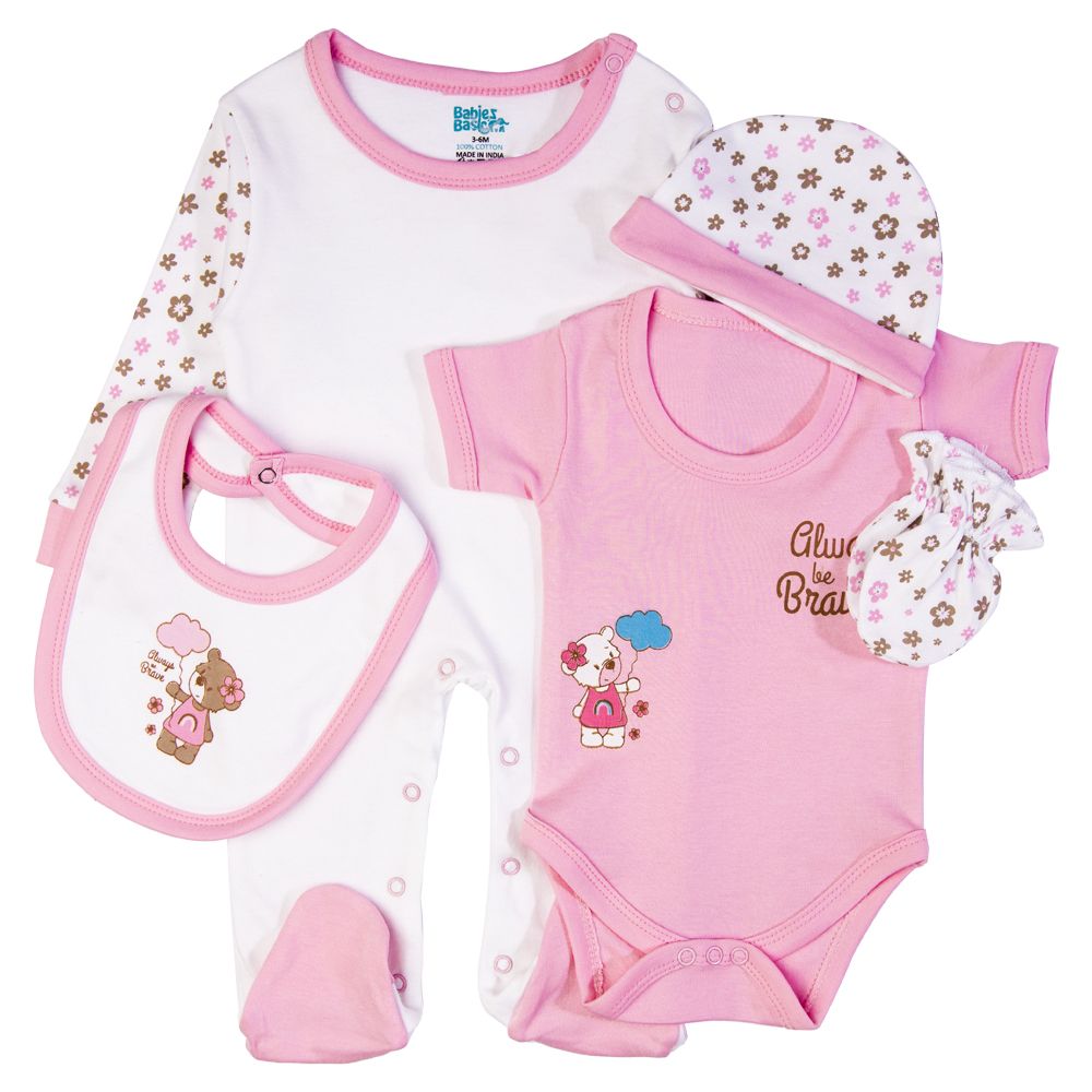 Babies Basic - 5pc Set - Bib, Romper, Mittens, Cap & Jumpsuit - Always Be Brave - Pink