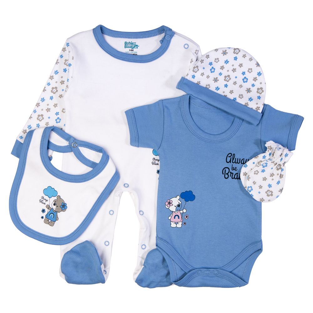 Babies Basic - 5pc Set - Bib, Romper, Mittens, Cap & Jumpsuit - Always Be Brave - Sky Blue