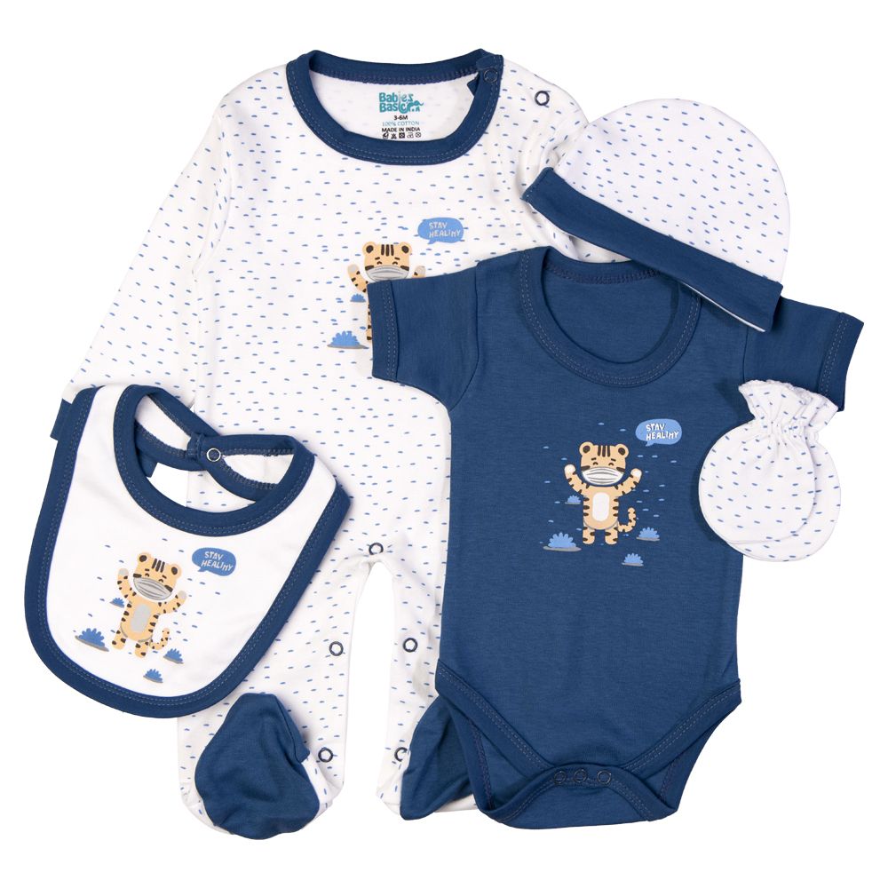 Babies Basic - 5pc Set - Bib, Romper, Mittens, Cap & Jumpsuit - Stay Healthly - Airforce Blue