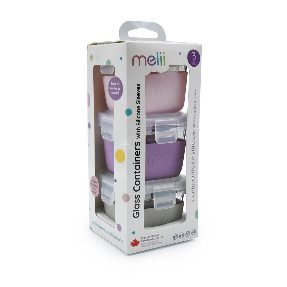 Melii - Glass Food Storage Containers With Silicone Sleeve - Pink/Purple/Grey - 3 Pcs - 160 ml