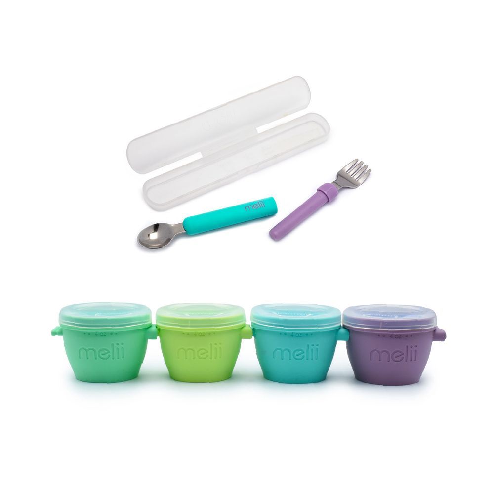 Melii - Silicone Snap & Go Pads - Food Storage Container 4 Oz 4 pcs + Detachable Spoon & Fork W/ Carrying Case