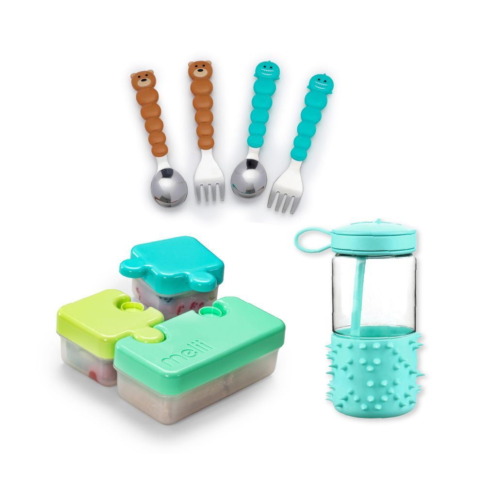 Melii - Puzzle Food Container - Lime + Spikey Water Bottle 17Oz - Mint + Spoons & Forks Set