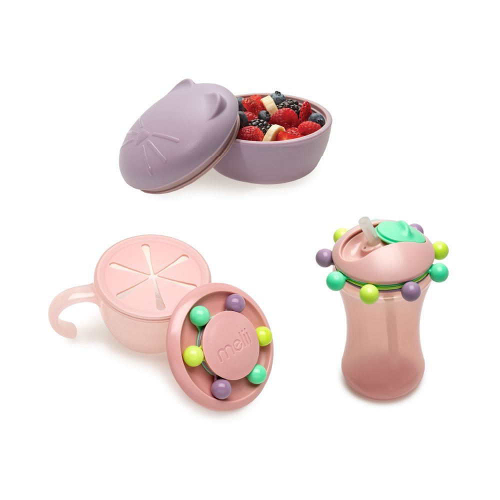 Melii - Silicone Bowl With Lid 350ml - Purple Cat + Abacus Snack Container Pink + Abacus Straw Sippy Cup 340ml - Pink