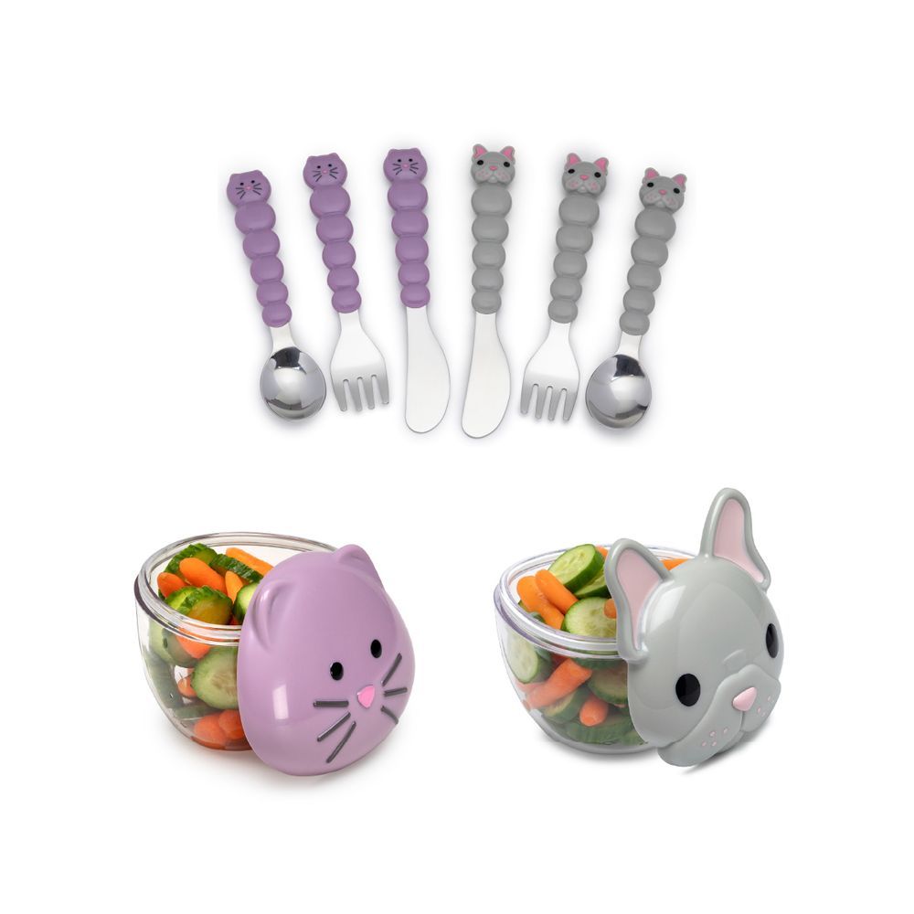 Melii - Bulldog & Purple Cat Snack Containers + Purple Cat & Grey Bulldog Utensil Set 6pcs