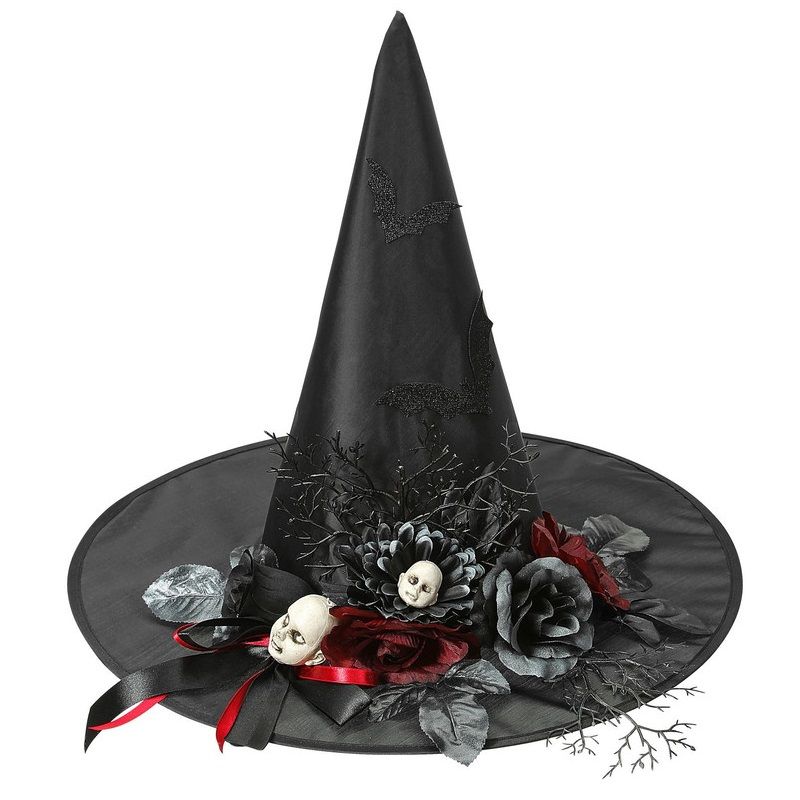 Widmann - Witch Hat With Bats, Roses And Living Dead Doll Heads - Black