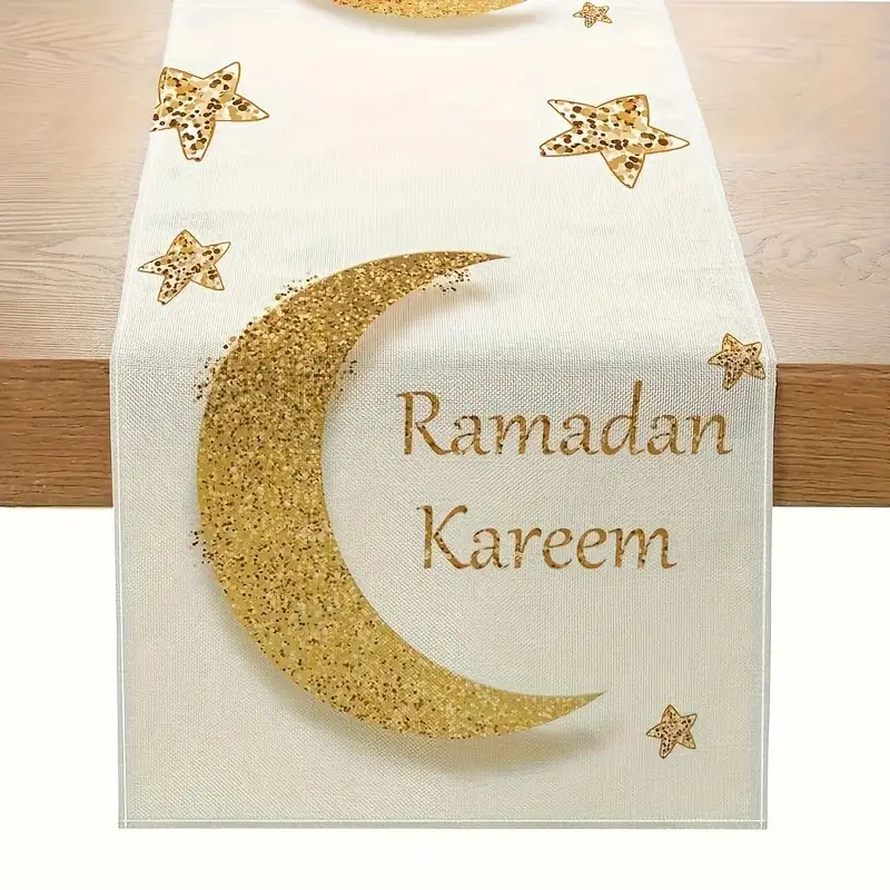 Long Sun - Ramadan Burlap Table Runner 1pc - Moon Star W/ Ramadan Kareem Print 33.02 x 182.88cm