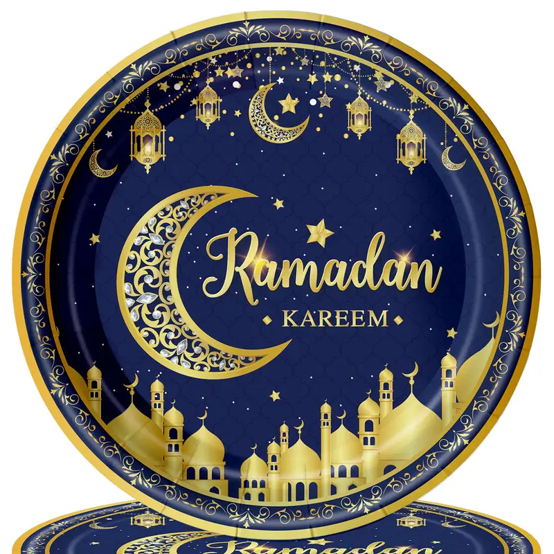 Long Sun - Ramadan Kareem Plates 7in 24pcs  - Blue & Gold