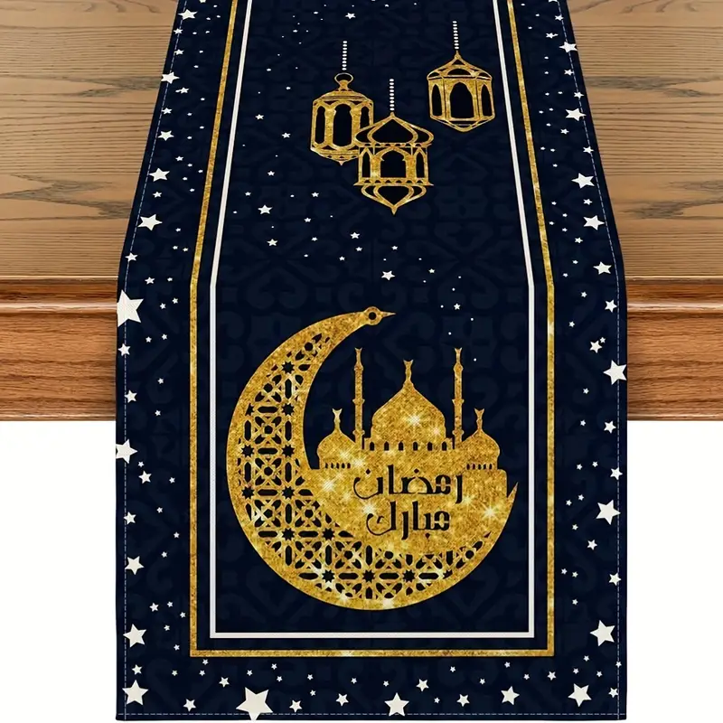 Long Sun - Golden Moon Star Pattern Ramadan Burlap Table Runner 1pc - 33.02x182.88cm