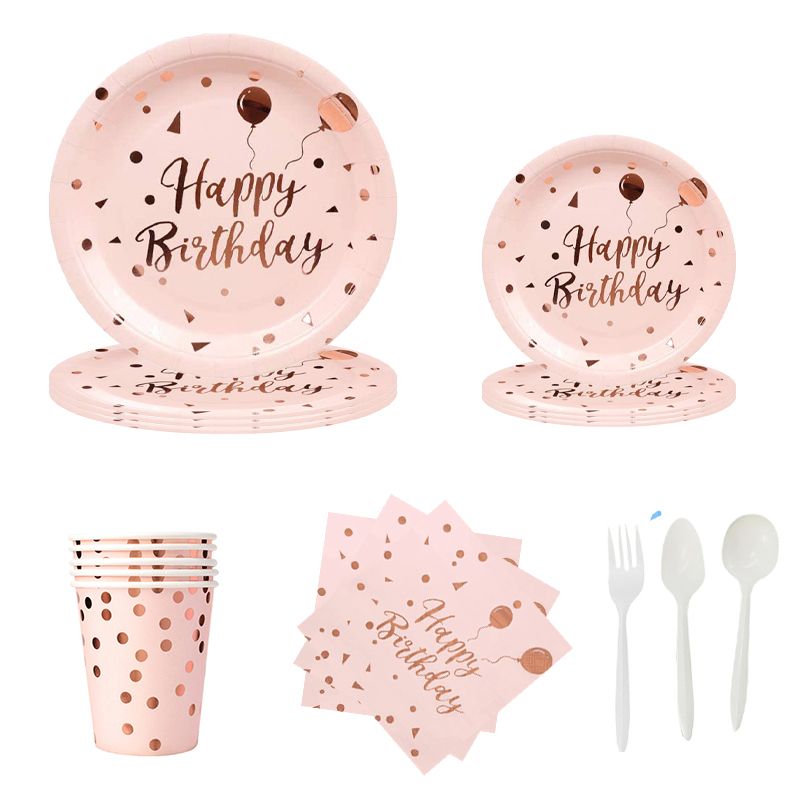 Long Sun - Happy Birthday Party Tableware Set - Rose Gold - 68pcs