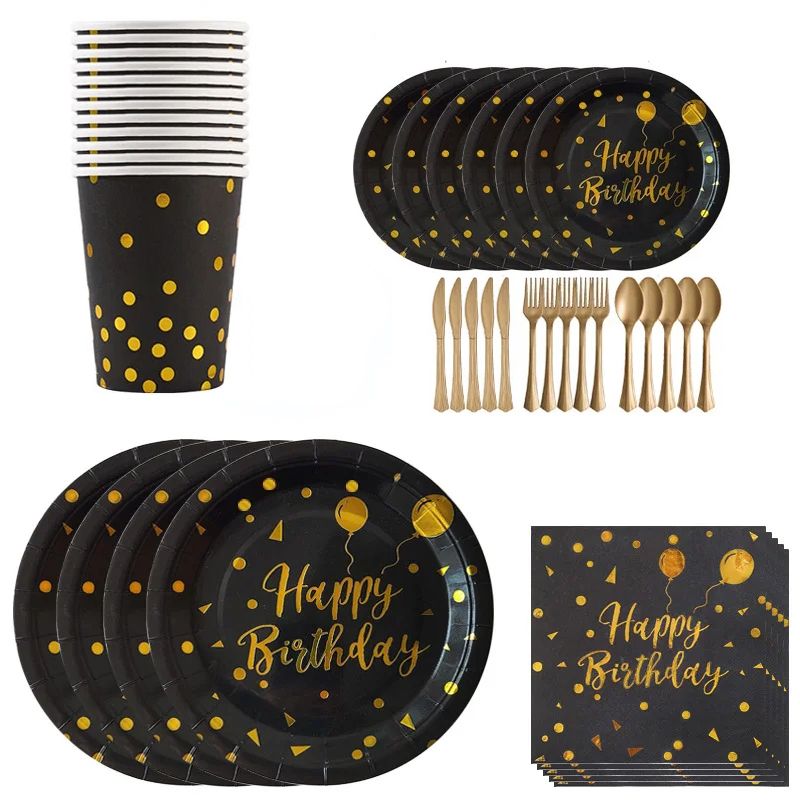 Long Sun - Happy Birthday Party Tableware Set - Black/Gold - 68pcs