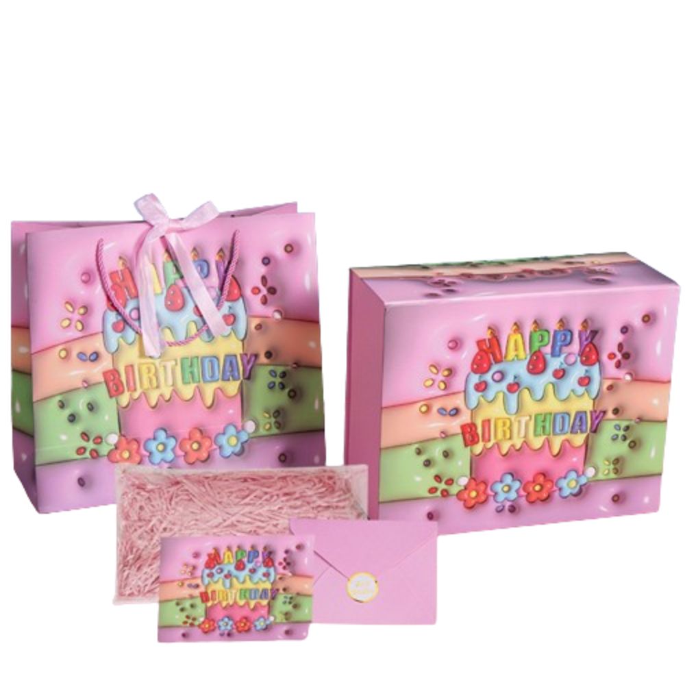 Y-PaperCo. - 3D Rainbow Cake Happy Birthday Packaging Set - L - 4pcs