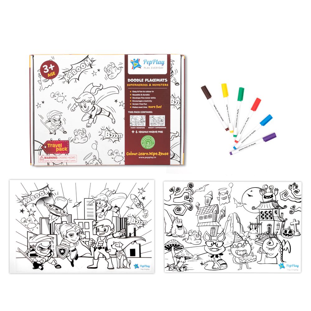 PepPlay - Doodle Placemats Travel Set - Superheroes & Monster