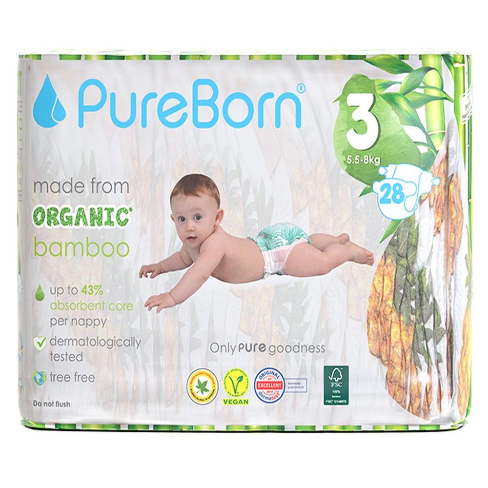 Pureborn - Size 3 Organic Diapers 5.5-8Kg 28s - Single Pack - Cloud