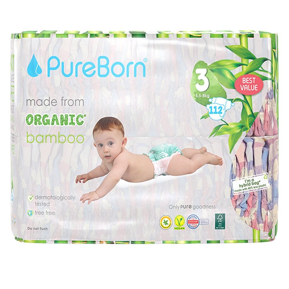 Pureborn - Organic Diapers - 5.5-8 Kg - Size 3 - Cloud - 112pcs