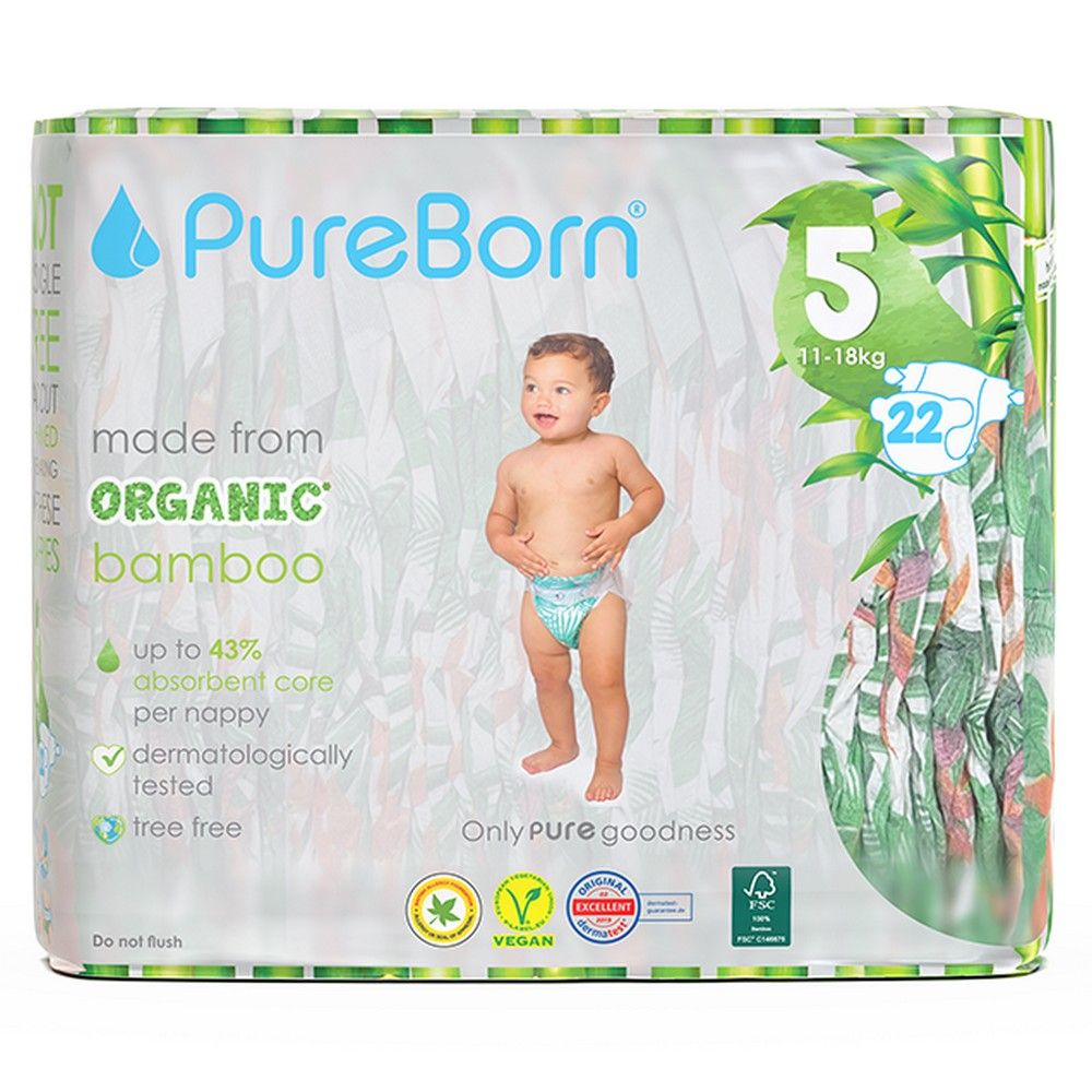 Pureborn - Size 5 Organic Diapers 11-18Kg 22s - Single Pack - Cloud