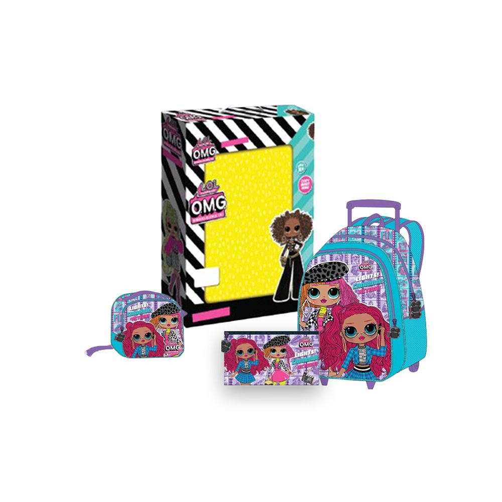 MGA LOL OMG Kids 3 in 1 Box Set W 18 Trolley School Bag Lunch Bag Pencil Case Pink