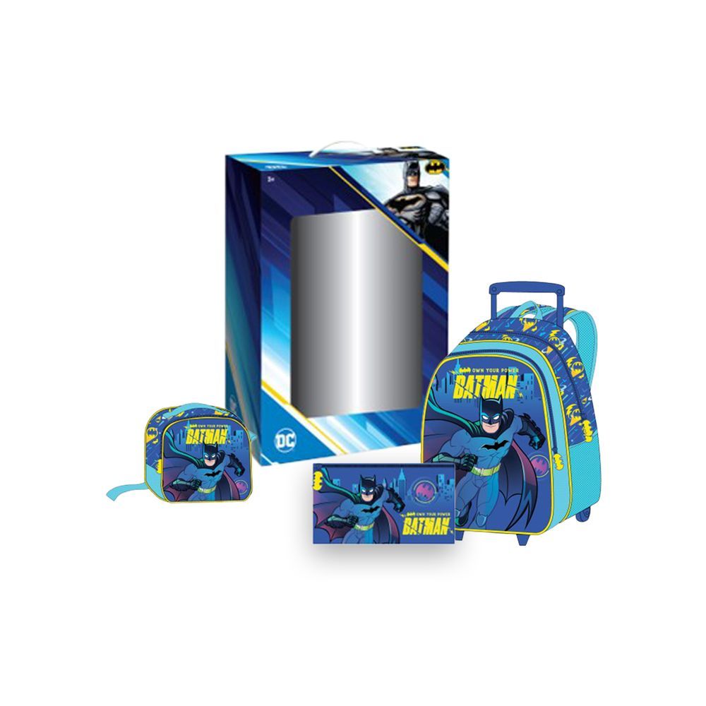 Warner Bros - Batman Kids 3-in-1 Box Set W/ 18" - Trolley School Bag, Lunch Bag & Pencil Case - Light Blue