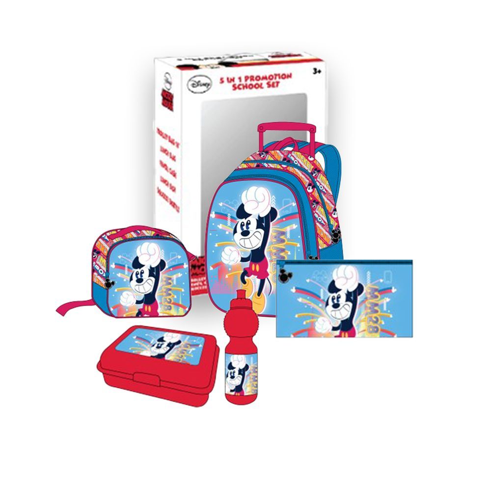 Disney - Mickey Mouse Kids 5-in-1 Box Set W/ 18" - Trolley School Bag, Water Bottle, Lunch Box, Lunch Bag & Pencil Case