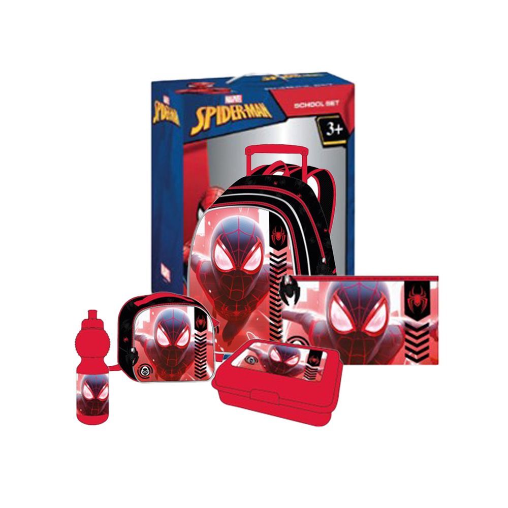 Marvel - Spider Man Kids 5-in-1 Box Set W/ 18" - Trolley School Bag, Water Bottle, Lunch Box, Lunch Bag & Pencil Case - Red