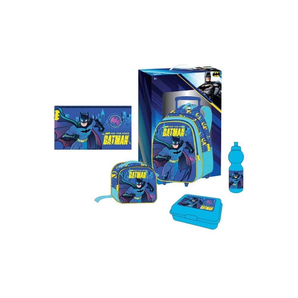 Warner Bros - Batman Kids 5-in-1 Box Set W/ 18" - Trolley School Bag, Water Bottle, Lunch Box, Lunch Bag & Pencil Case