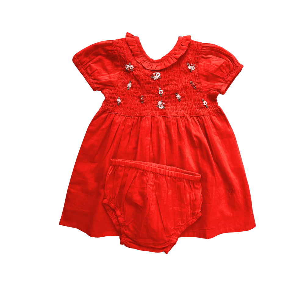 Next of Kin - Lilah Smocked Embroidered Dress - Red