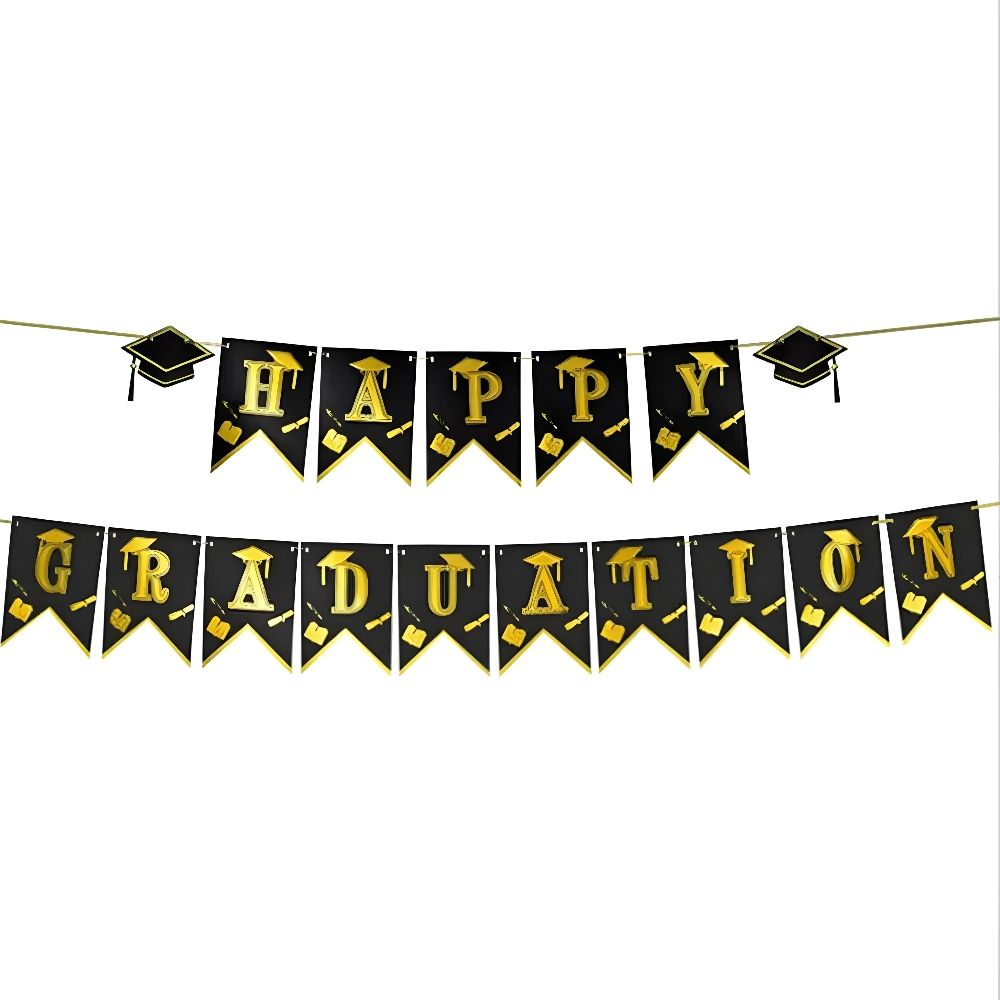 Funfiniti - Happy Graduation Banner - Black/Gold