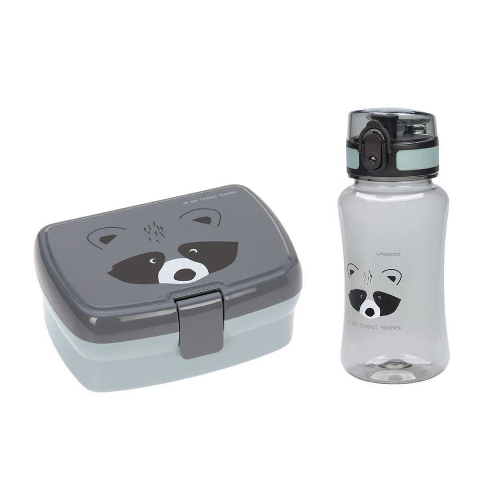 Lassig - Lunchbox With 2 Compartment And Water Bottle - Racoon - 460ml