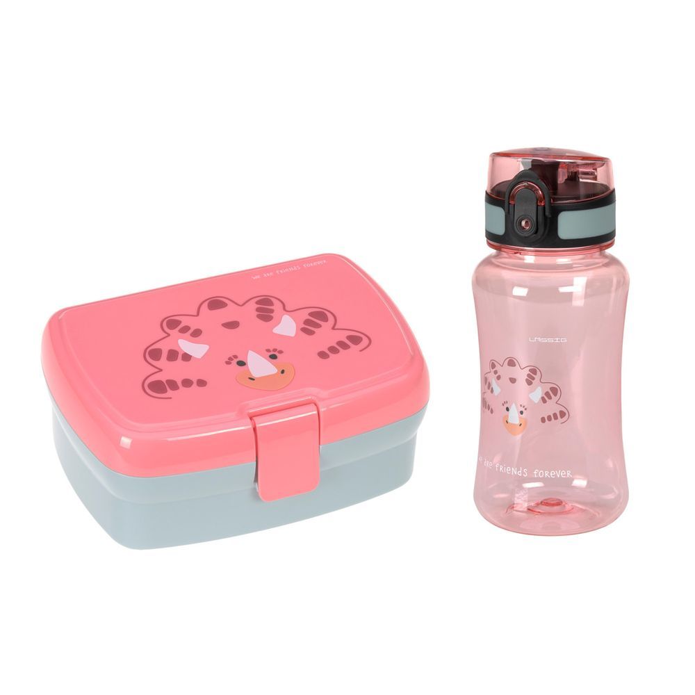 Lassig - Lunchbox With 2 Compartment And Water Bottle - Dino Rose - 460ml