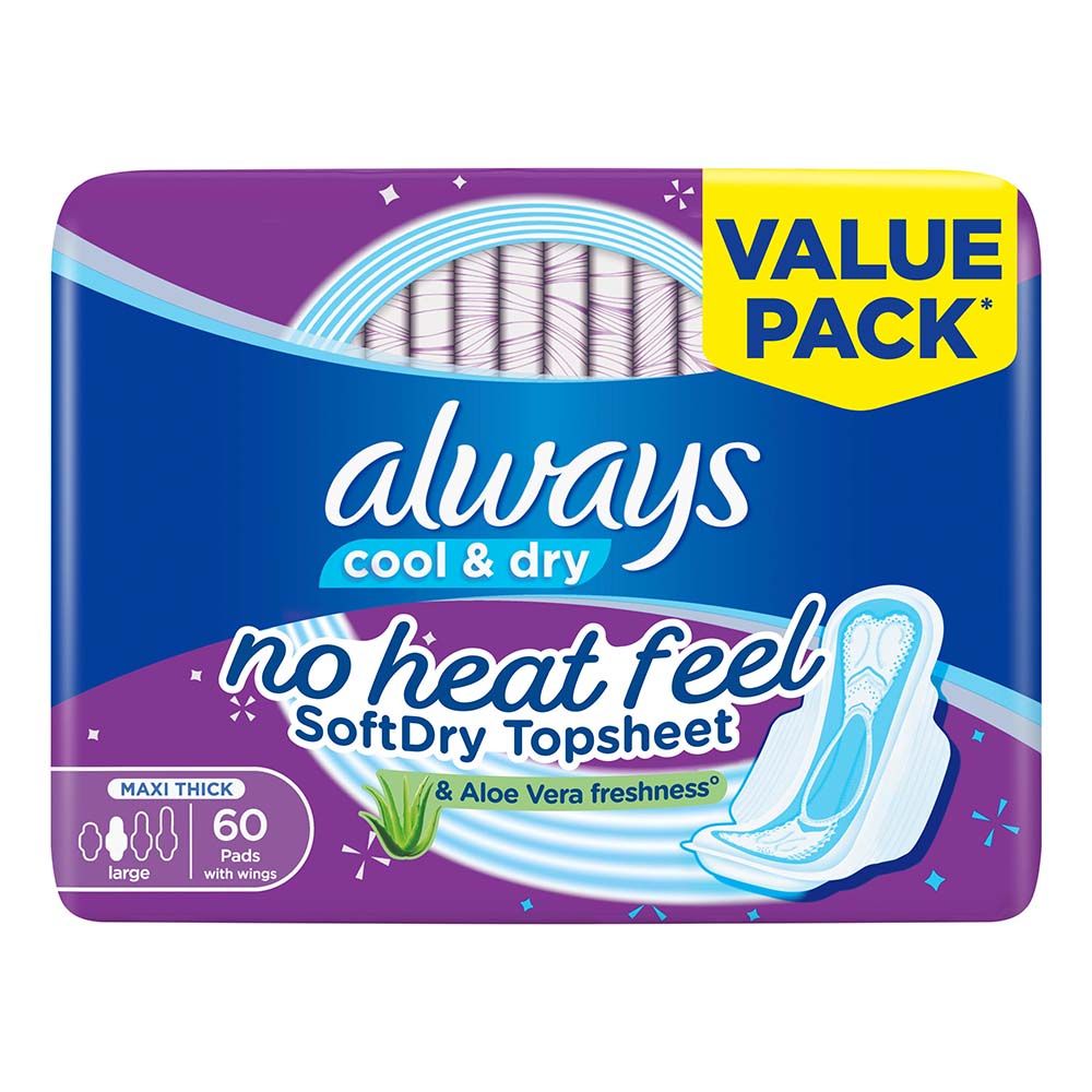 Always Cool & Dry, Maxi Thick, Large Sanitary Pads with Wings, 60 Pads