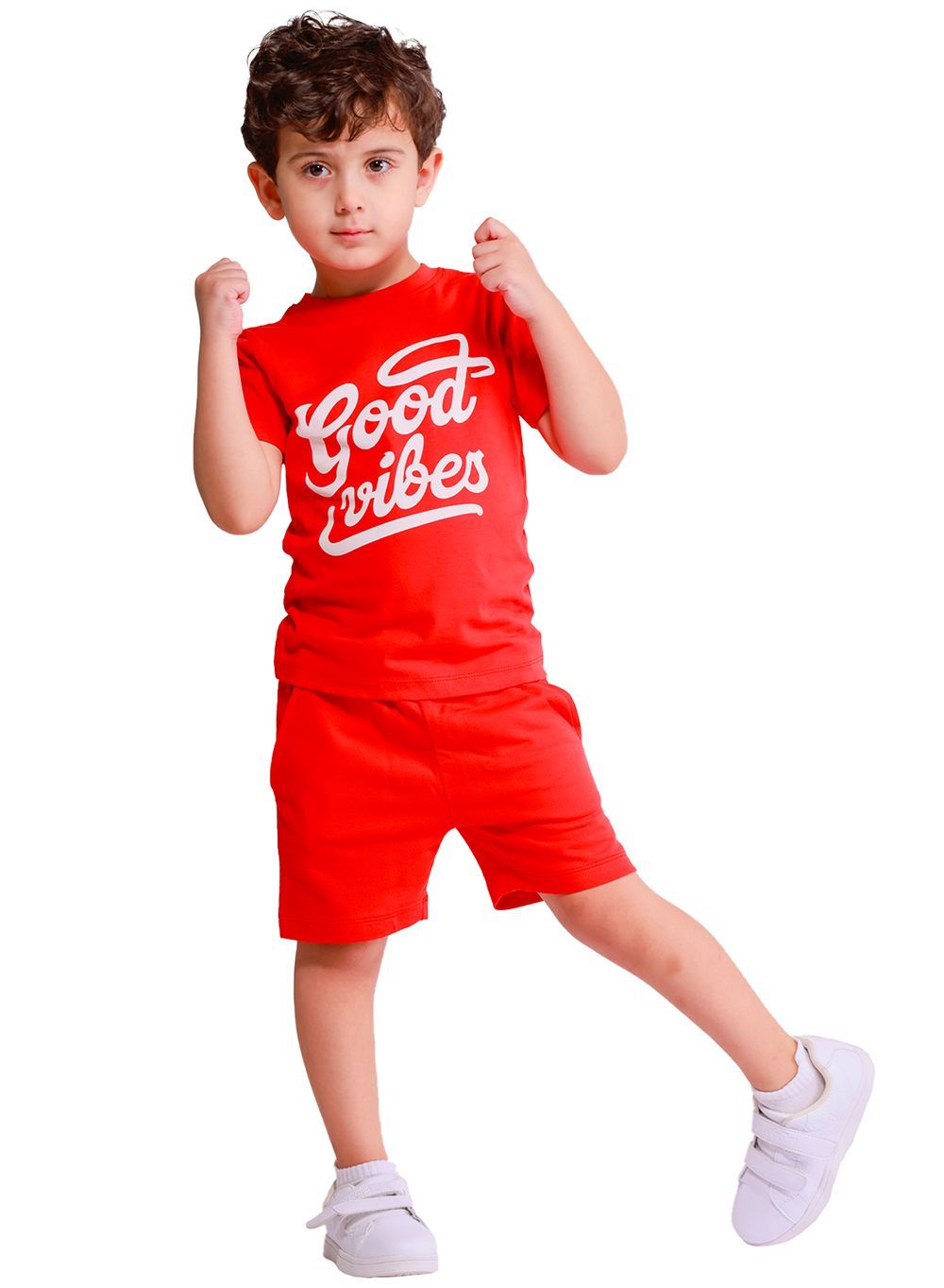 Nuego - 2pc-Set - Boy's Good Vibes Printed T-Shirt And Shorts - Red