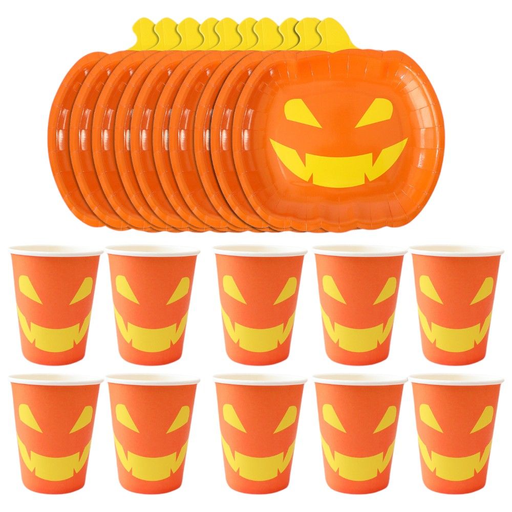 Doodle Kiddo - Pumpkin Plates And Cups Halloween Tableware Set - 20 Pcs