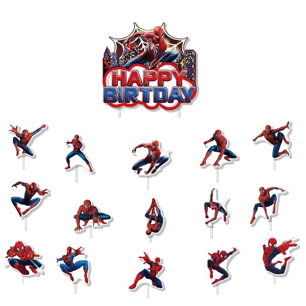 Doodle Kiddo - Spiderman Happy Birthday Cake Topper Set - Pack of 16