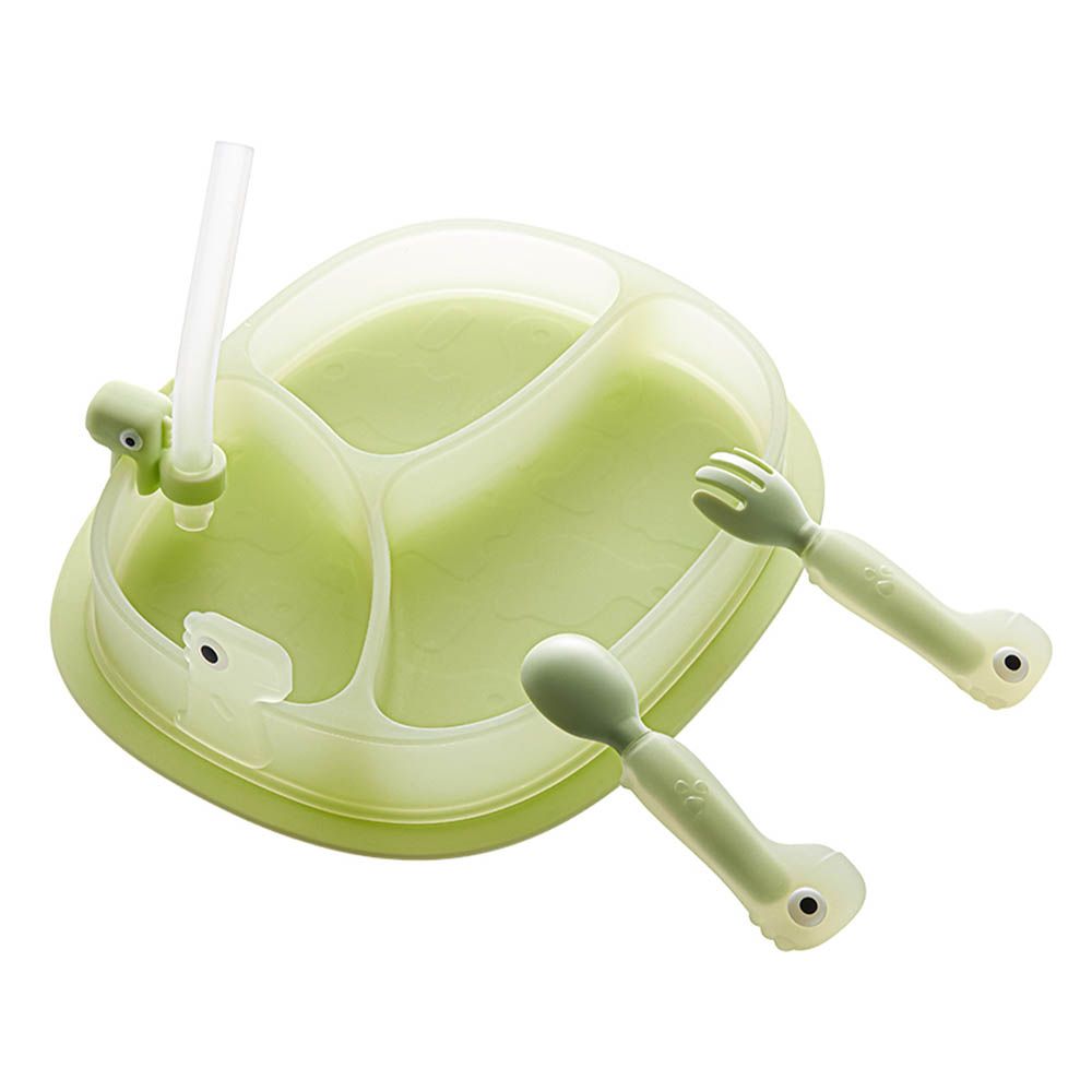 Babycare - Silicone Suction Plate with Spoon & Fork - White Jade Green - 3 Pcs