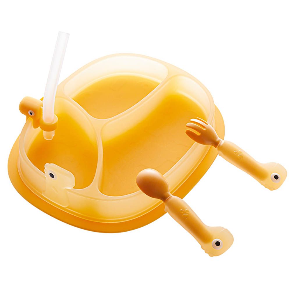 Babycare - Silicone Suction Plate with Spoon & Fork - Orange - 3 Pcs