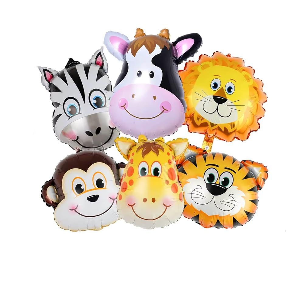 BrainGiggles - Birthday Party Jungle Safari Animals Foil Balloons - 6 Pcs