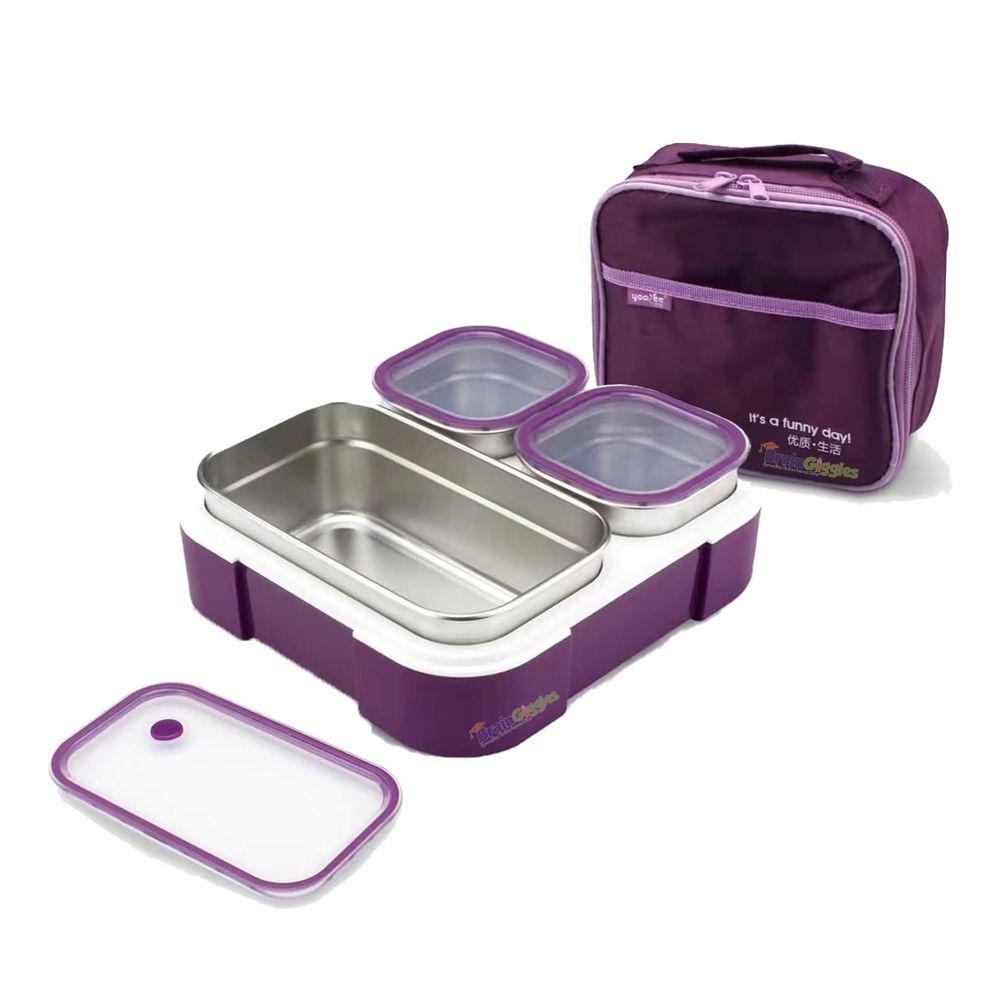 Brain Giggles - Insulated Stainless Steel Bento Lunchbox With 3 Compartments - Purple