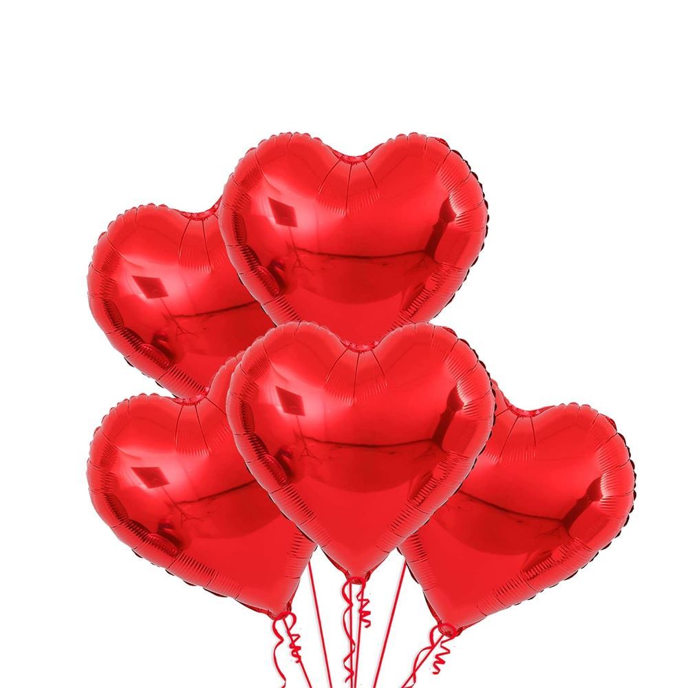 Braingiggles - Valentines Day Red Heart Shape Foil Balloons - 5 Pcs - 18 Inch