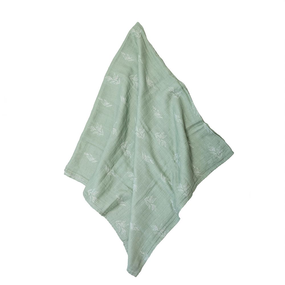 Pioen Baby - Organic Cotton Leave Printed Muslin Swaddle - Soft Green