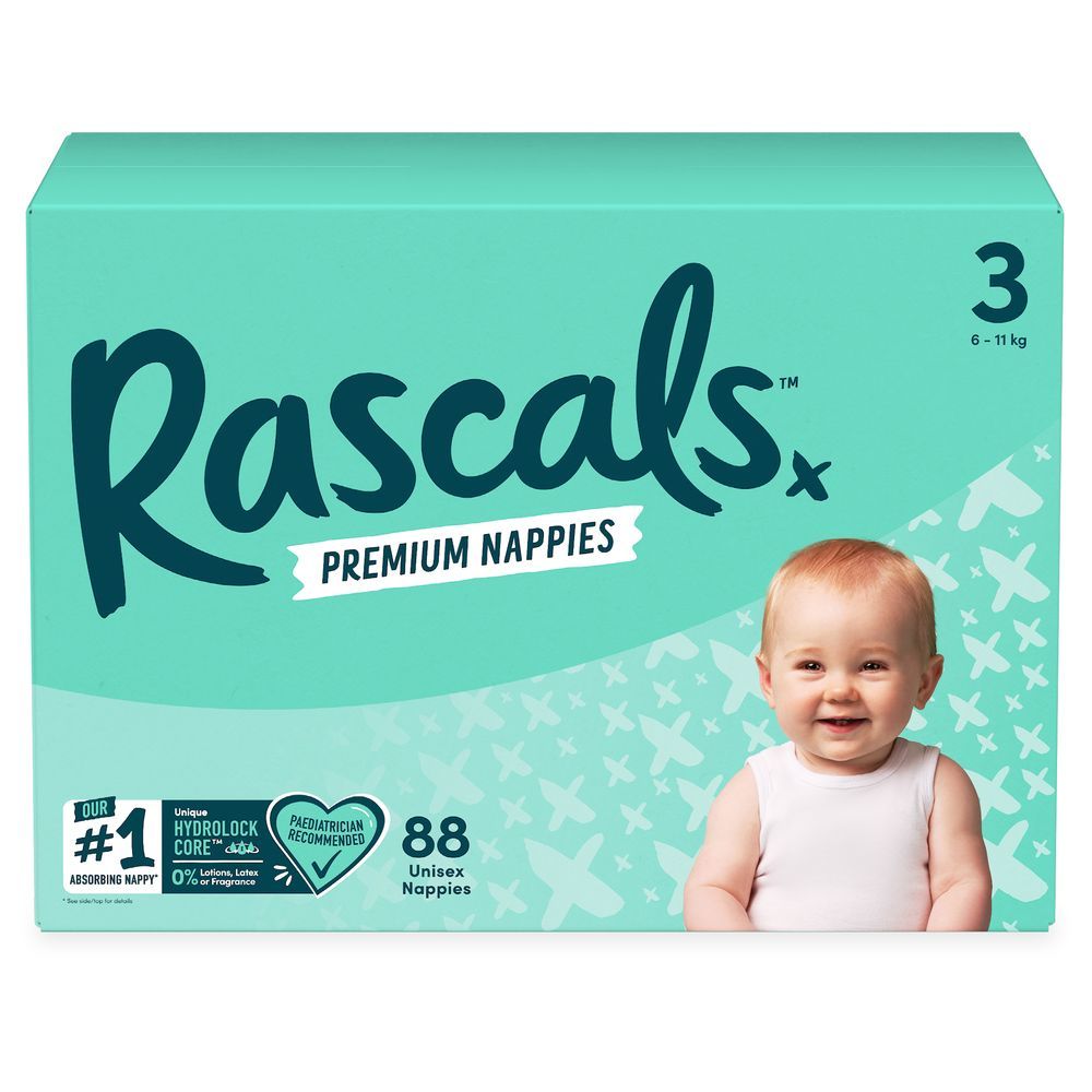 Rascals - Premium Baby Diapers Jumbo Box - Size 3 - 6-11 kg - 88 Pcs