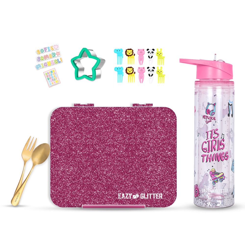 Eazy Kids - Tritan Bento Lunch Box With Bottle And Accessory Set - Glitter Pink