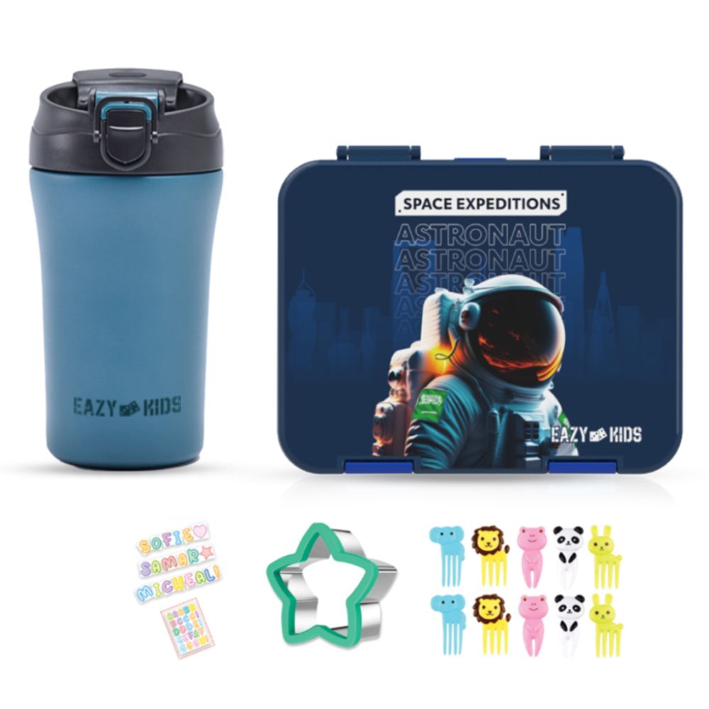 Eazy Kids - Bento Lunch Box With Stainless Steel Bottle And Accessory Set - Space Expeditions