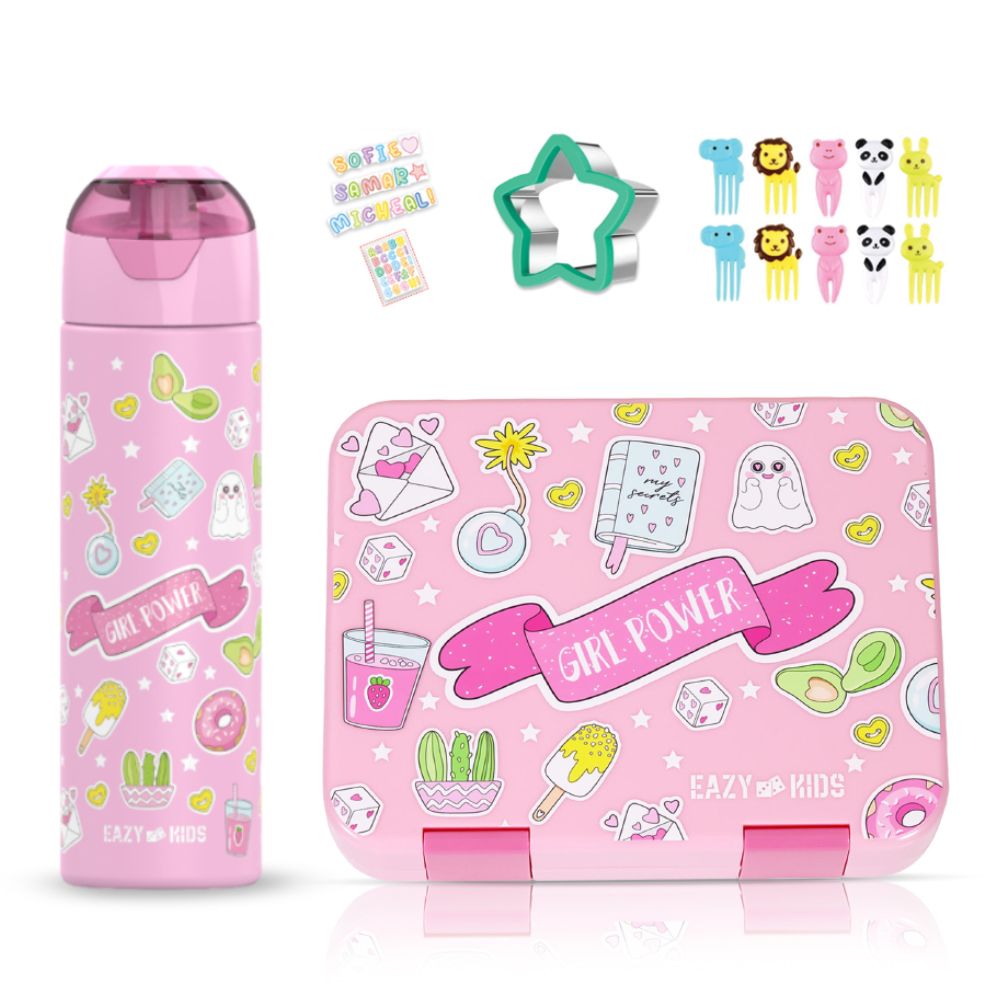 Eazy Kids - Bento Lunch Box With Water Bottle And Accessory Set - Girl Power